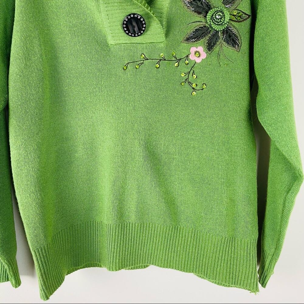Vintage green floral embroider retro 60s 70s mod rockabilly sweater small medium - Picture 3 of 5